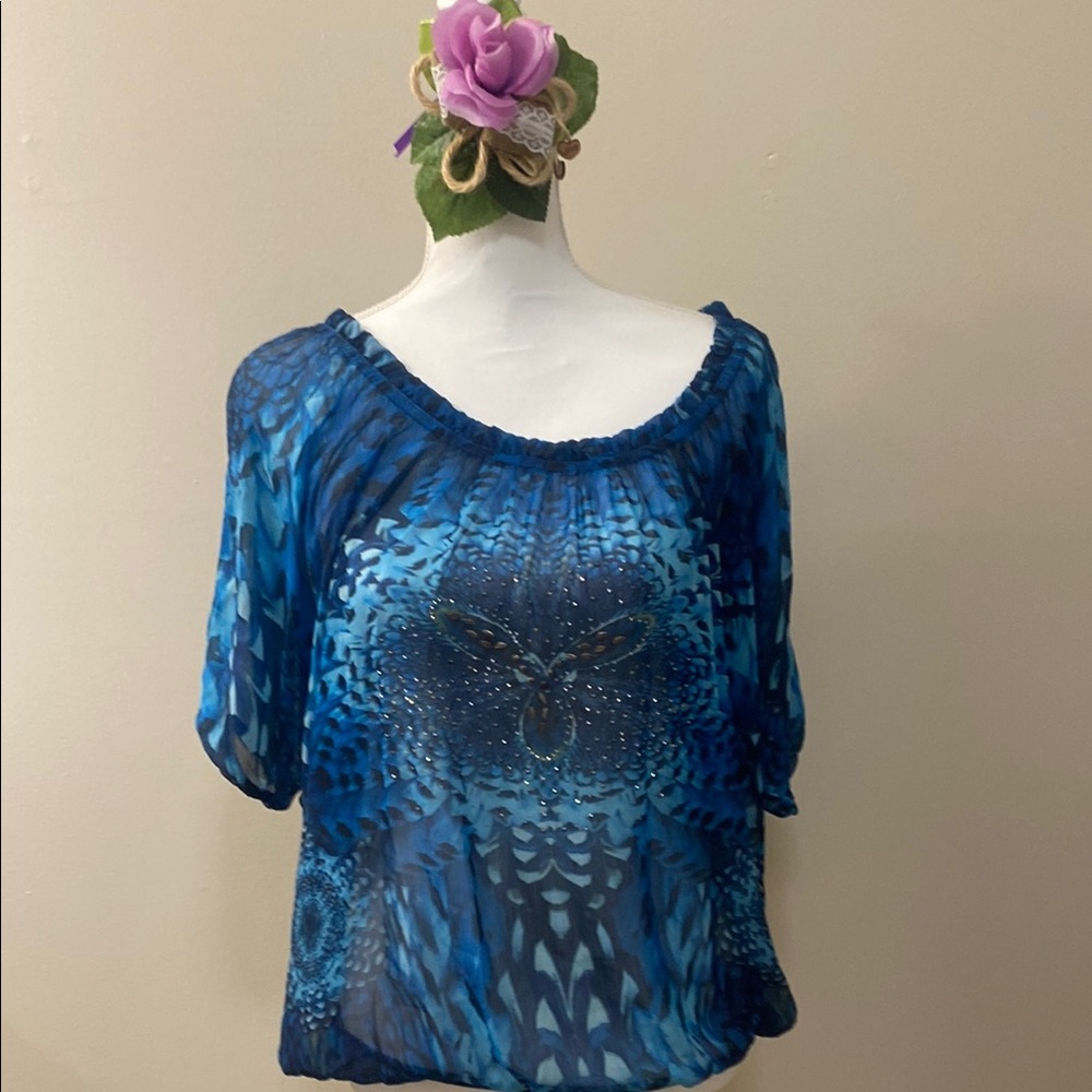 New Directions Blue Graphic 3/4 Sleeve Silk -like Blouse